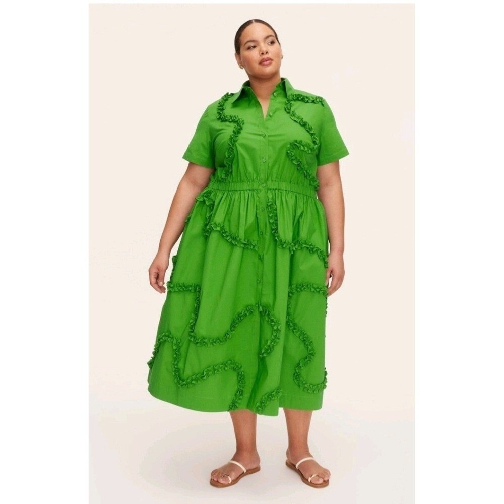 Kate Spade xTarget Green Ruffle Dress Midi Button Front Short Sleeve Sz M - Picture 1 of 4